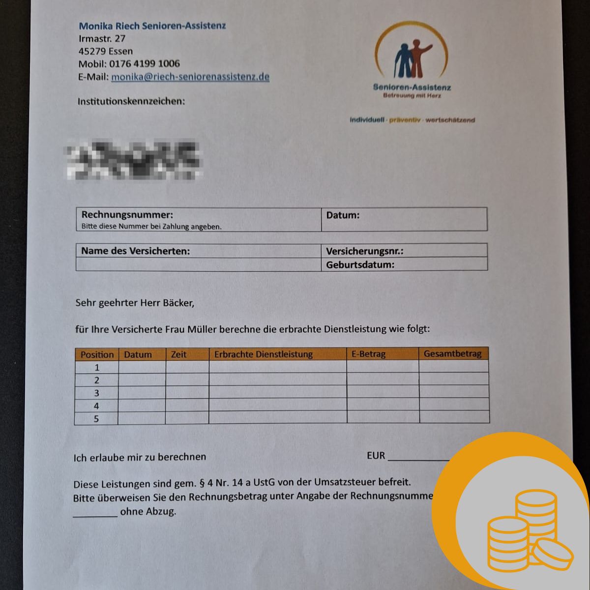 Das Bild zeigt eine Vorlage für die Abrechnung mit der Pflegekasse (Bildquelle: eigenes Material).