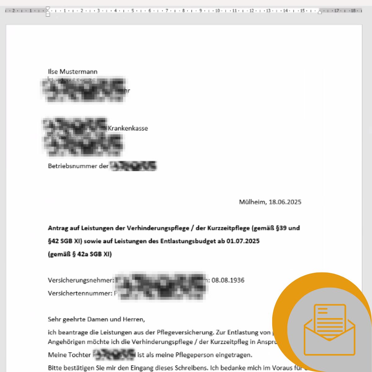 Das Bild zeigt den beispielhaften Schriftverkehr für einen Antrag auf Verhinderungspflege für einen Klienten (Bildquelle: eigenes Material).